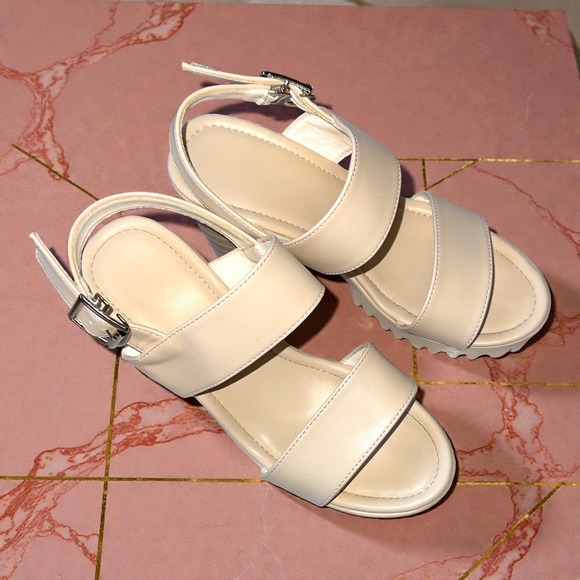 6.5 37 Cream Platform Chunky Heel Sandals Ankle Strap Shoes Ivory Retro Vegan - Picture 2 of 6